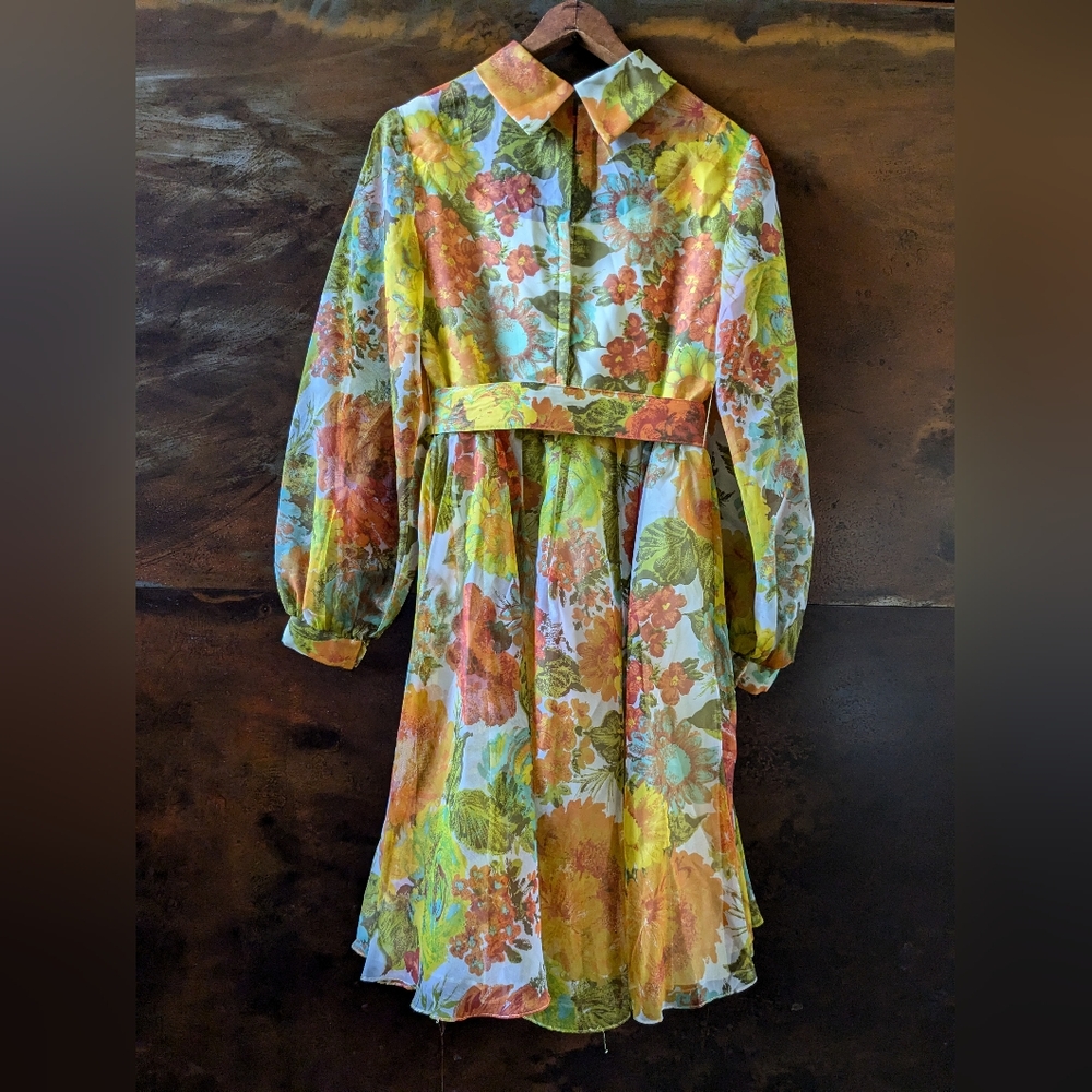 Vintage 1960 Sak’s Fifth Avenue chiffon belted rare dress - Picture 2 of 16